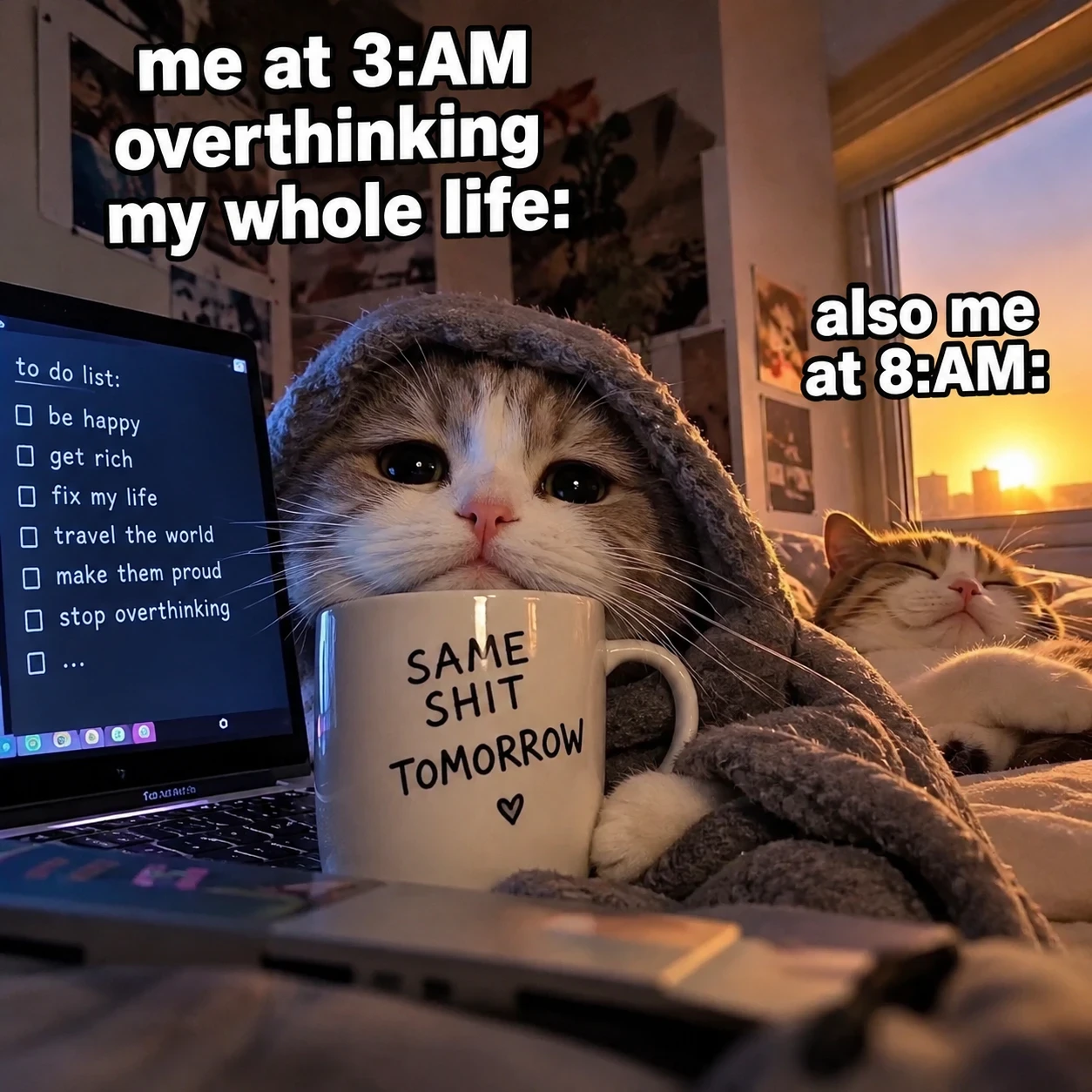 A sleepy cat in a hoodie resting its chin on a mug that says 'same shit tomorrow', a laptop with a to-do list next to it, and a second cat sleeping in the sunrise behind